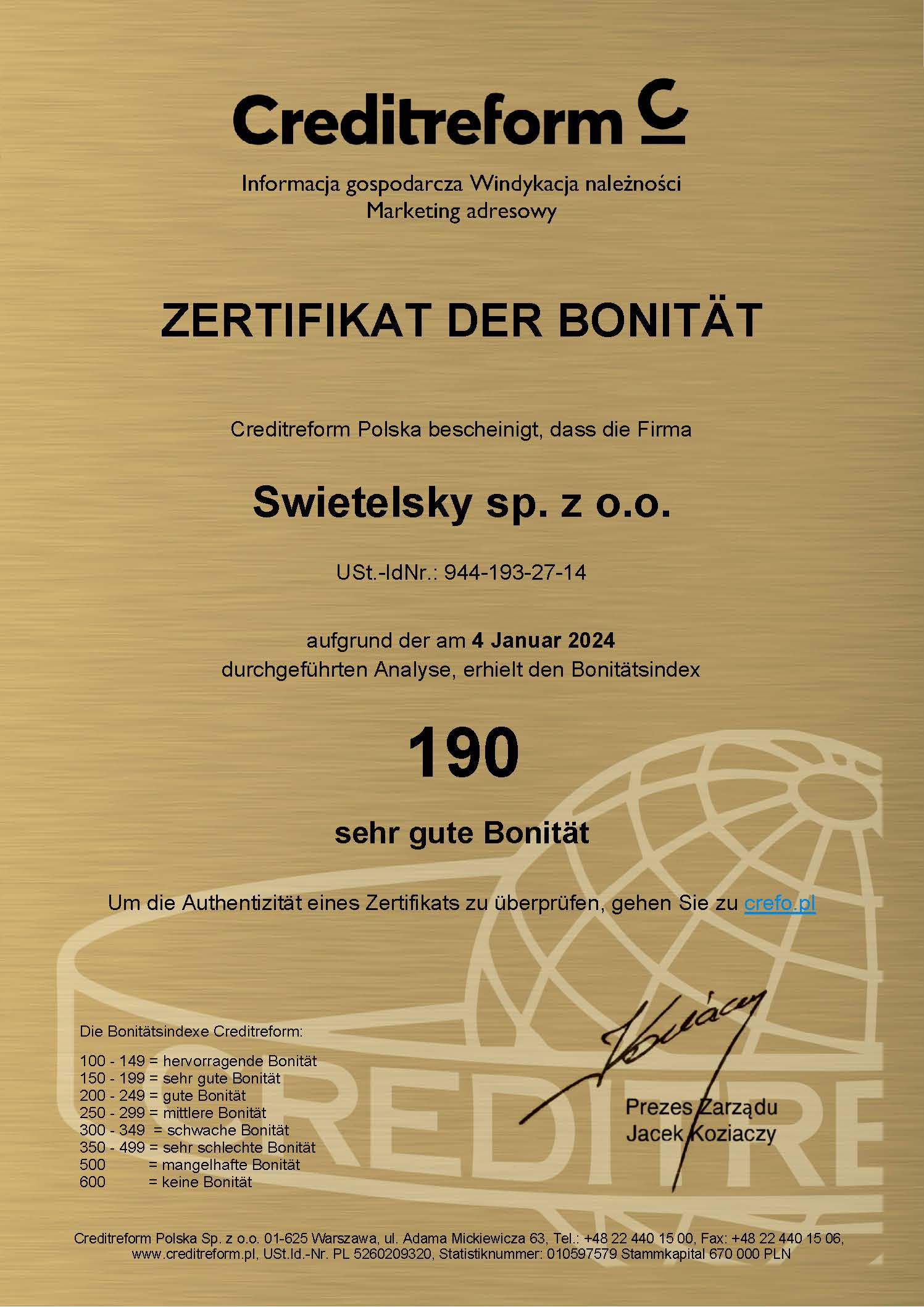 Zertifikat Der Bonität Swietelsky Sp. Z O.O. 2024 01 04