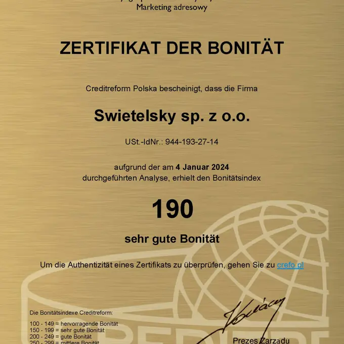 Zertifikat Der Bonität Swietelsky Sp. Z O.O. 2024 01 04