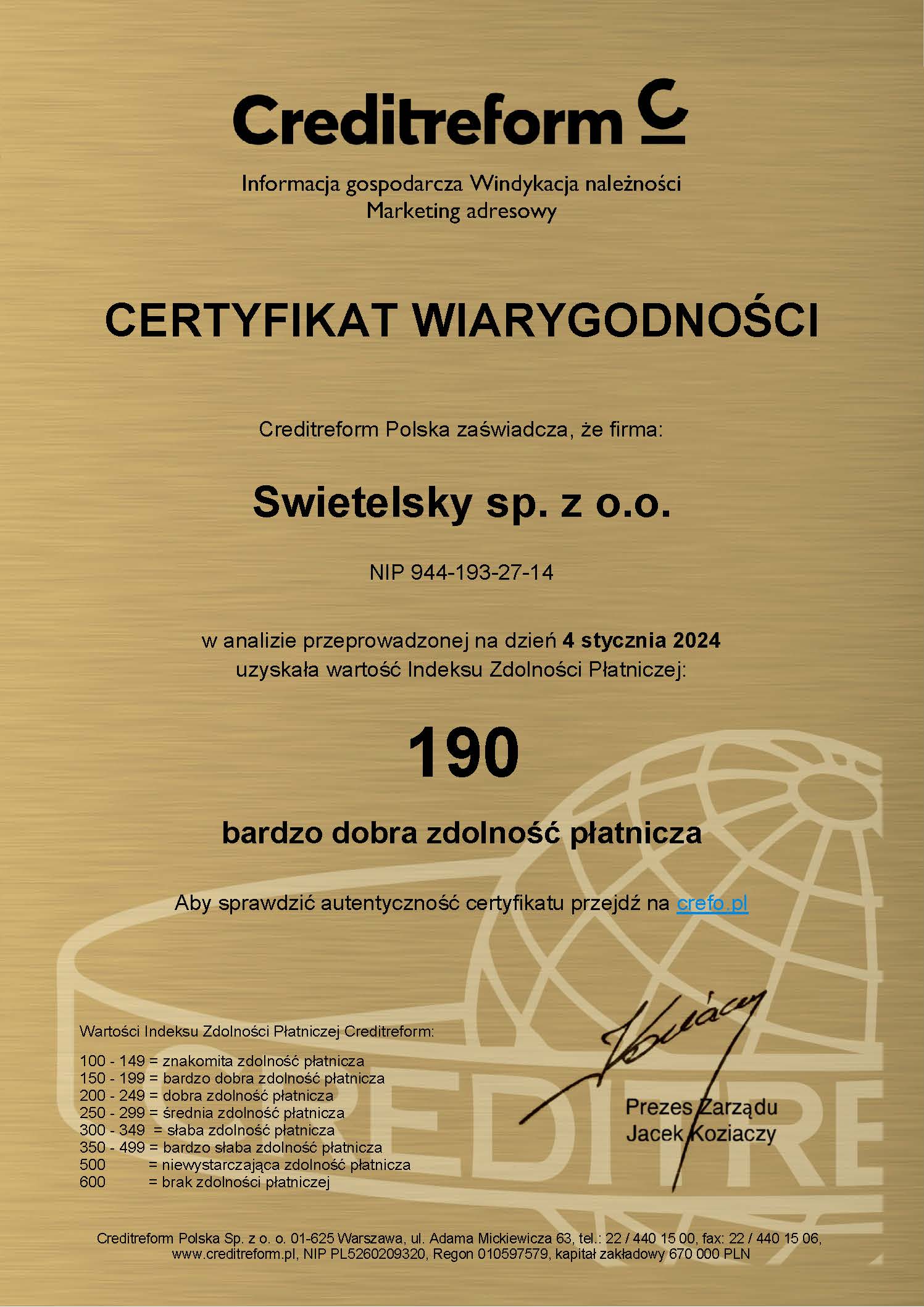 Certyfikat Wiarygodności Swietelsky Sp. Z O.O. 2024 01 04 (1)