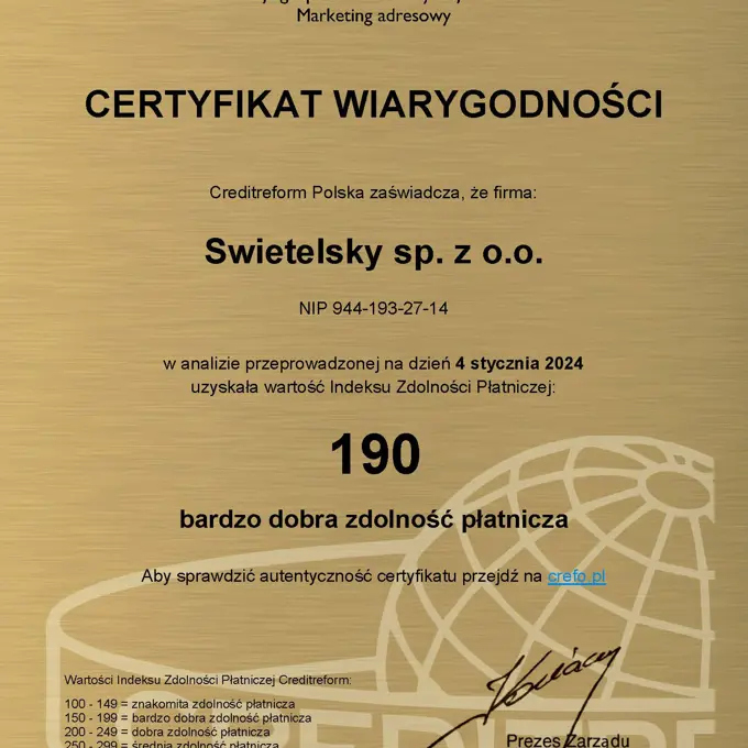 Certyfikat Wiarygodności Swietelsky Sp. Z O.O. 2024 01 04 (1)
