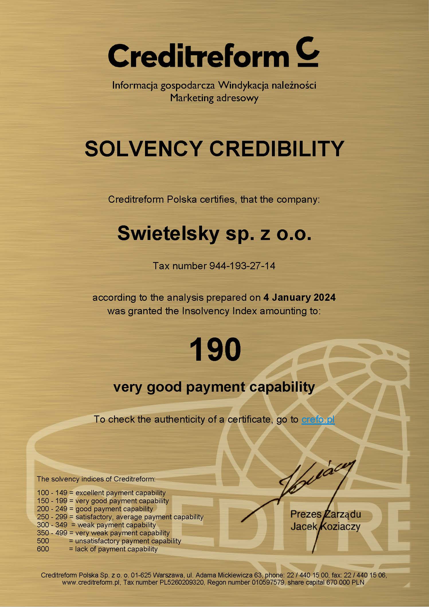 Solvency Credibility Swietelsky Sp. Z O.O. 2024 01 04